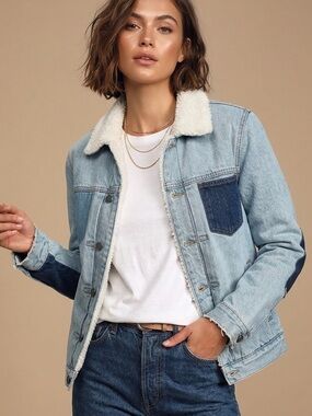 40. Light Blue Denim Jacket with White Sherpa Collar